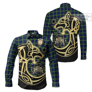 Lamont Modern Tartan Long Sleeve Button Shirt with Family Crest Celtic Wolf Style