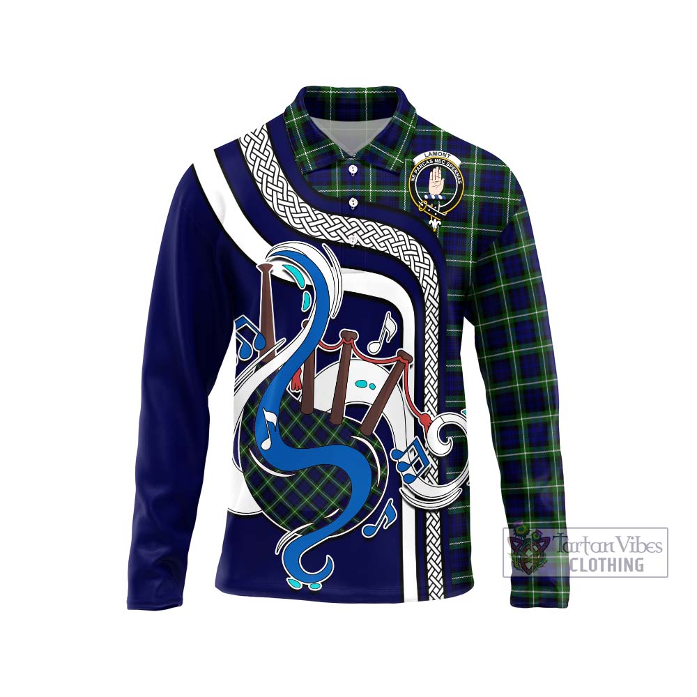 Tartan Vibes Clothing Lamont Modern Tartan Long Sleeve Polo Shirt with Epic Bagpipe Style