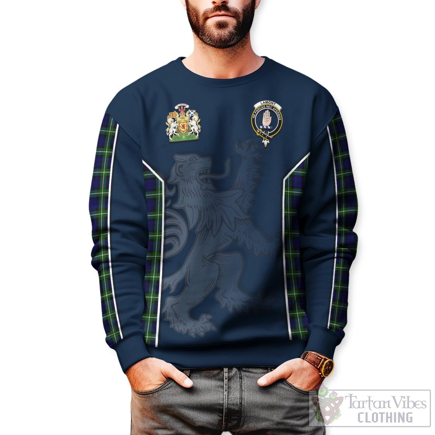 Tartan Vibes Clothing Lamont Modern Tartan Sweater with Family Crest and Lion Rampant Vibes Sport Style