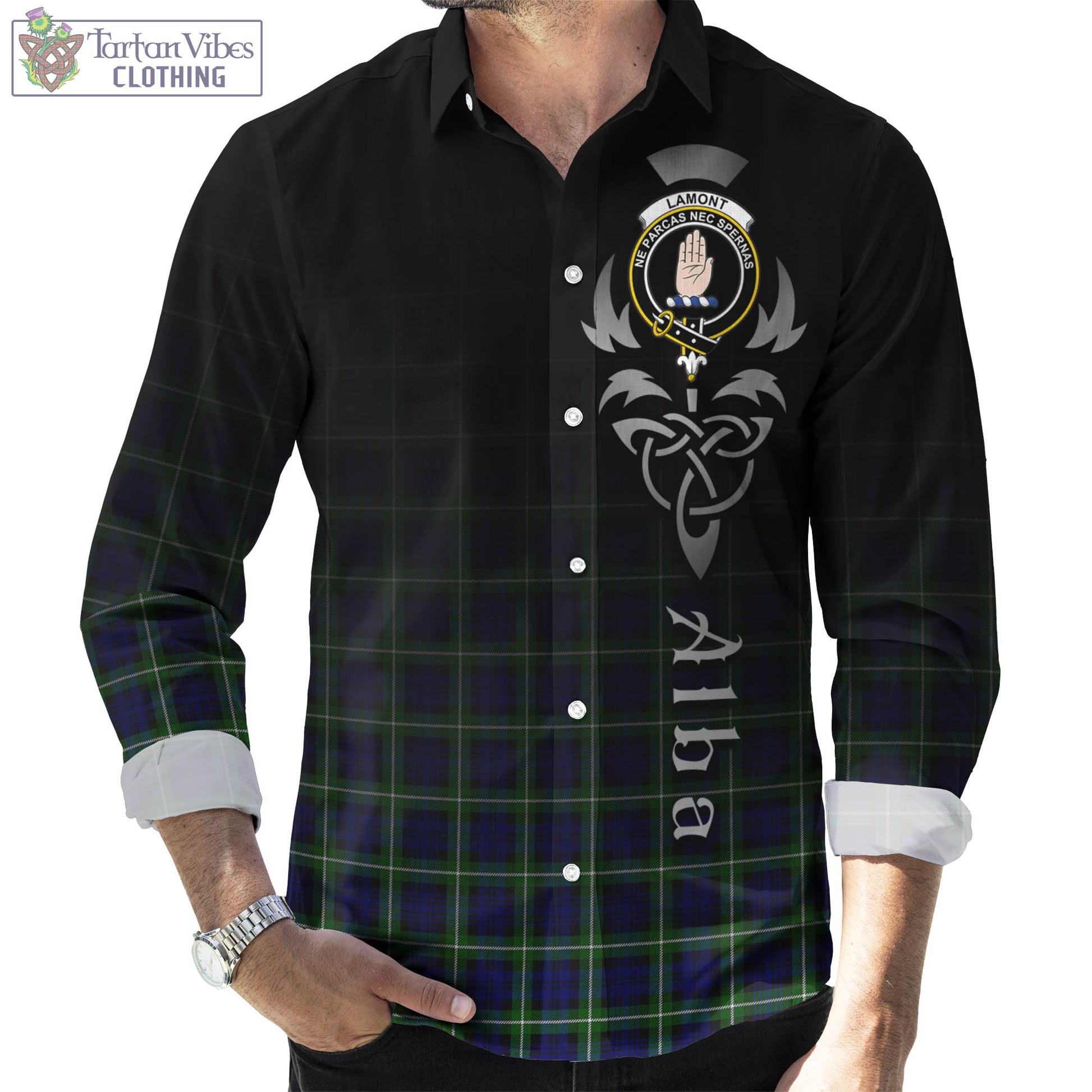 Tartan Vibes Clothing Lamont Modern Tartan Long Sleeve Button Up Featuring Alba Gu Brath Family Crest Celtic Inspired