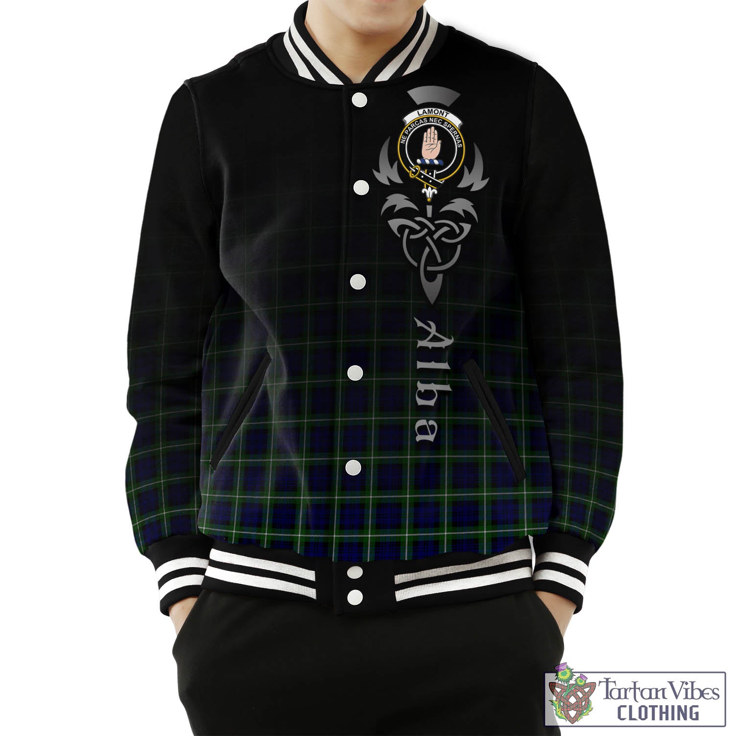 Tartan Vibes Clothing Lamont Modern Tartan Baseball Jacket Featuring Alba Gu Brath Family Crest Celtic Inspired