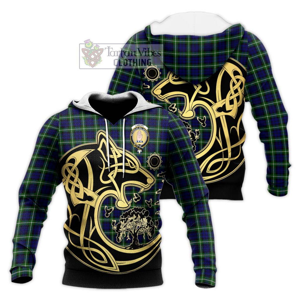 Lamont Modern Tartan Knitted Hoodie with Family Crest Celtic Wolf Style Unisex Knitted Pullover Hoodie - Tartan Vibes Clothing