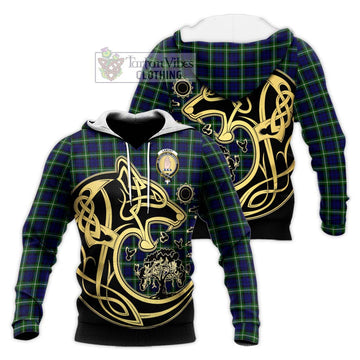 Lamont Modern Tartan Knitted Hoodie with Family Crest Celtic Wolf Style