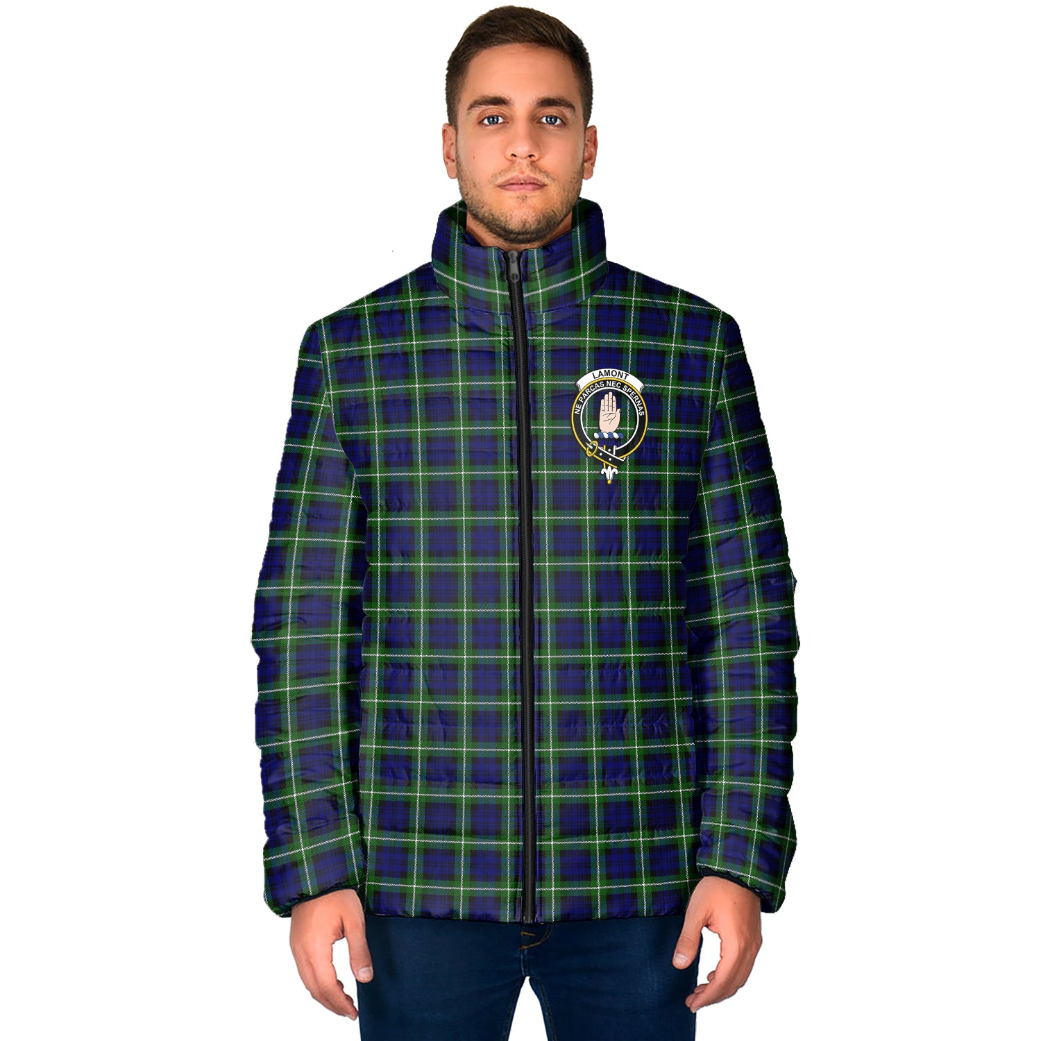 Lamont Modern Tartan Padded Jacket with Family Crest - Tartan Vibes Clothing