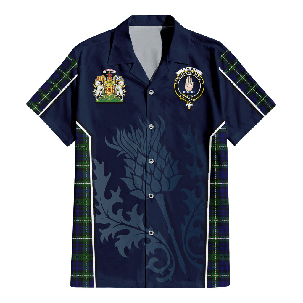 Tartan Vibes Clothing Lamont Modern Tartan Short Sleeve Button Up Shirt with Family Crest and Scottish Thistle Vibes Sport Style