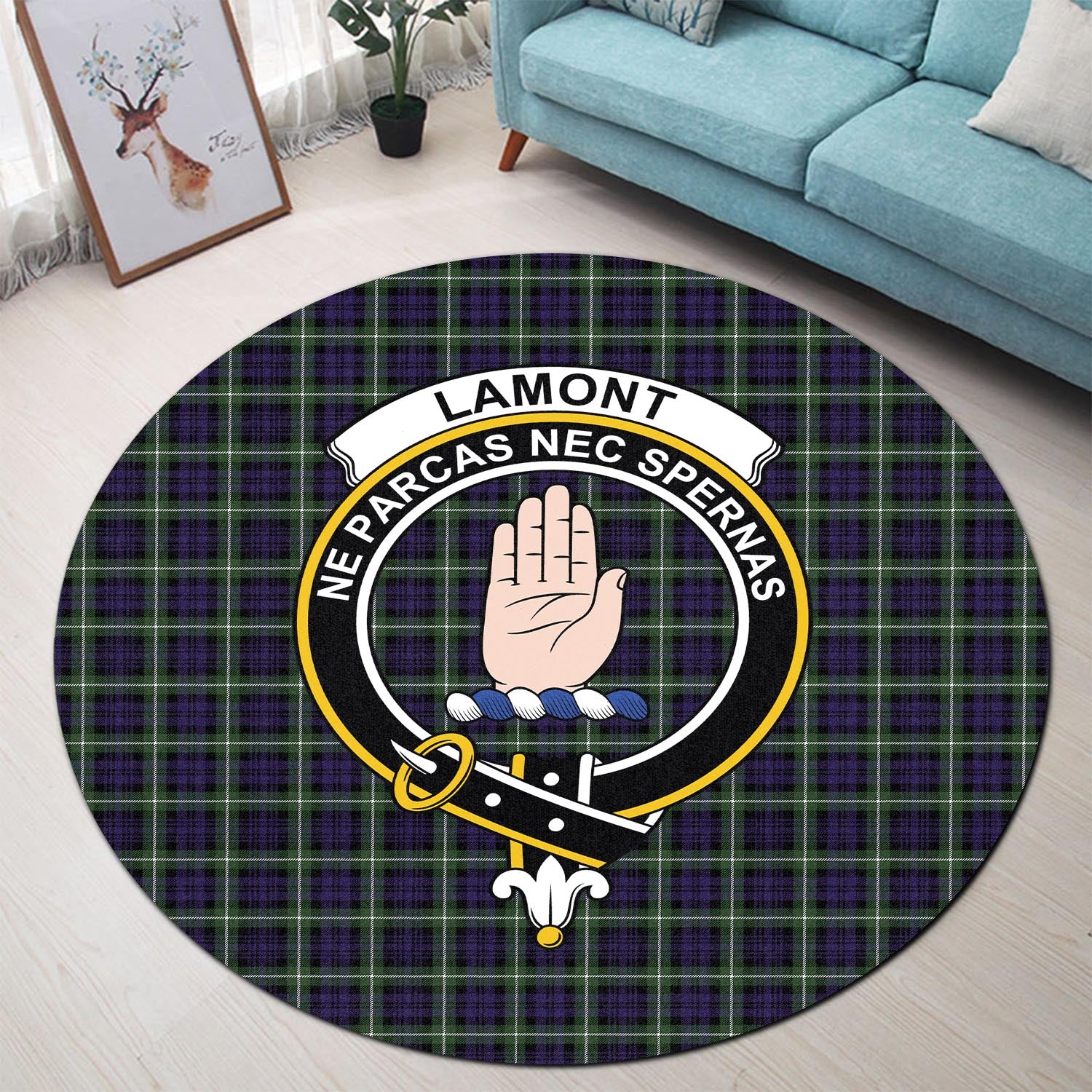 lamont-modern-tartan-round-rug-with-family-crest