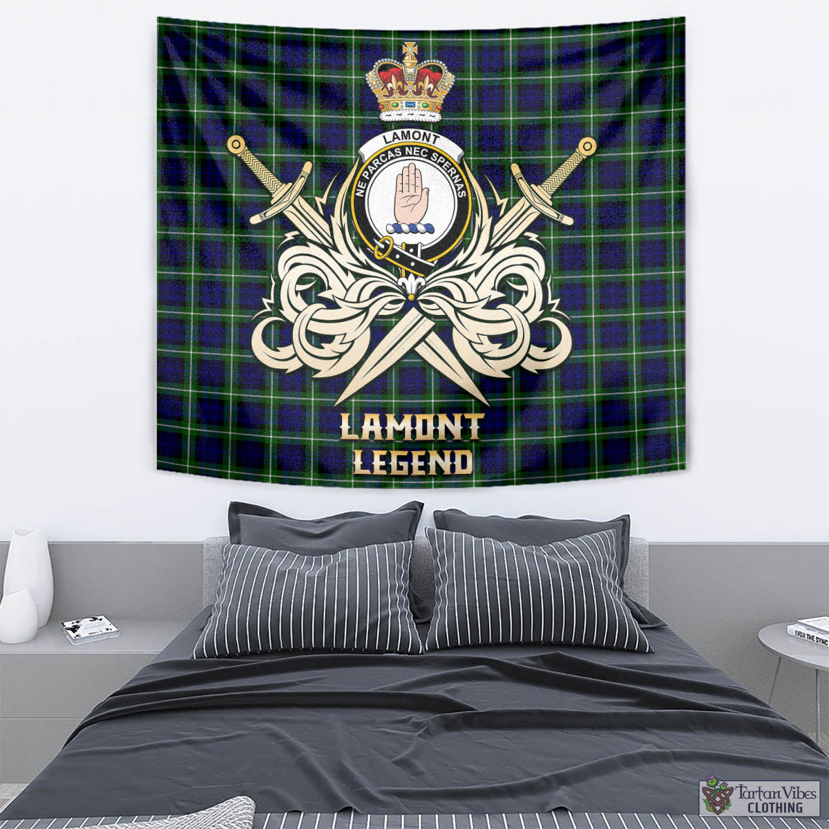 Tartan Vibes Clothing Lamont Modern Tartan Tapestry with Clan Crest and the Golden Sword of Courageous Legacy