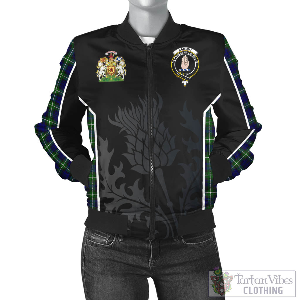 Tartan Vibes Clothing Lamont Modern Tartan Bomber Jacket with Family Crest and Scottish Thistle Vibes Sport Style