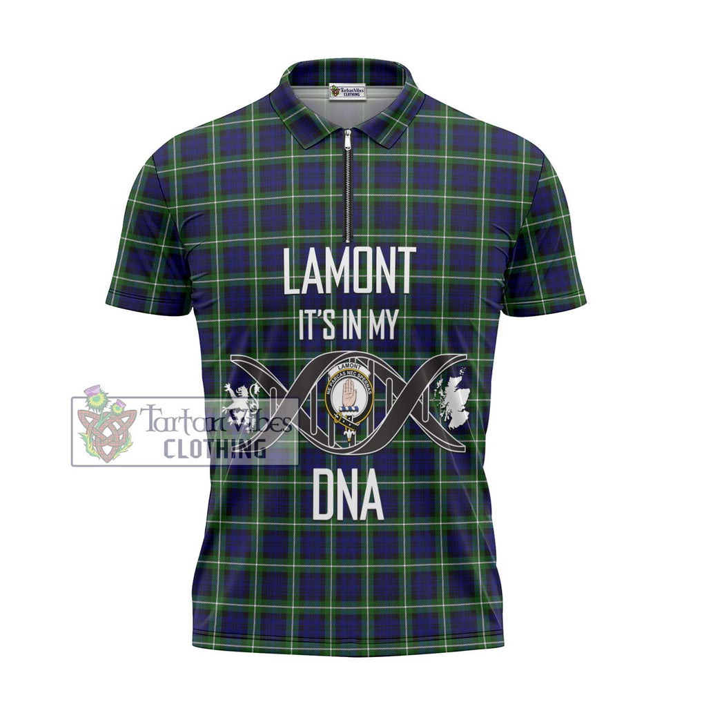 Lamont Modern Tartan Zipper Polo Shirt with Family Crest DNA In Me Style - Tartanvibesclothing Shop