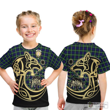 Lamont Modern Tartan Kid T-Shirt with Family Crest Celtic Wolf Style