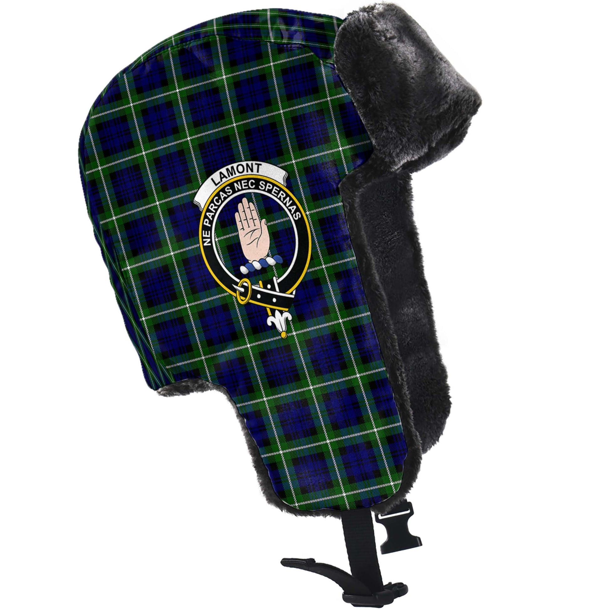 Lamont Modern Tartan Winter Trapper Hat with Family Crest - Tartanvibesclothing