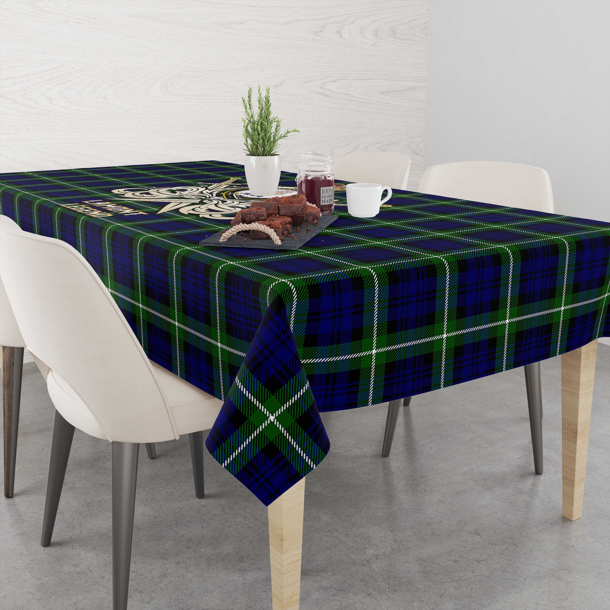 Tartan Vibes Clothing Lamont Modern Tartan Tablecloth with Clan Crest and the Golden Sword of Courageous Legacy