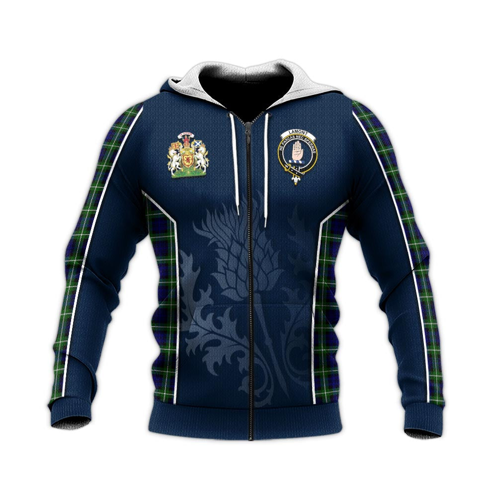 Tartan Vibes Clothing Lamont Modern Tartan Knitted Hoodie with Family Crest and Scottish Thistle Vibes Sport Style