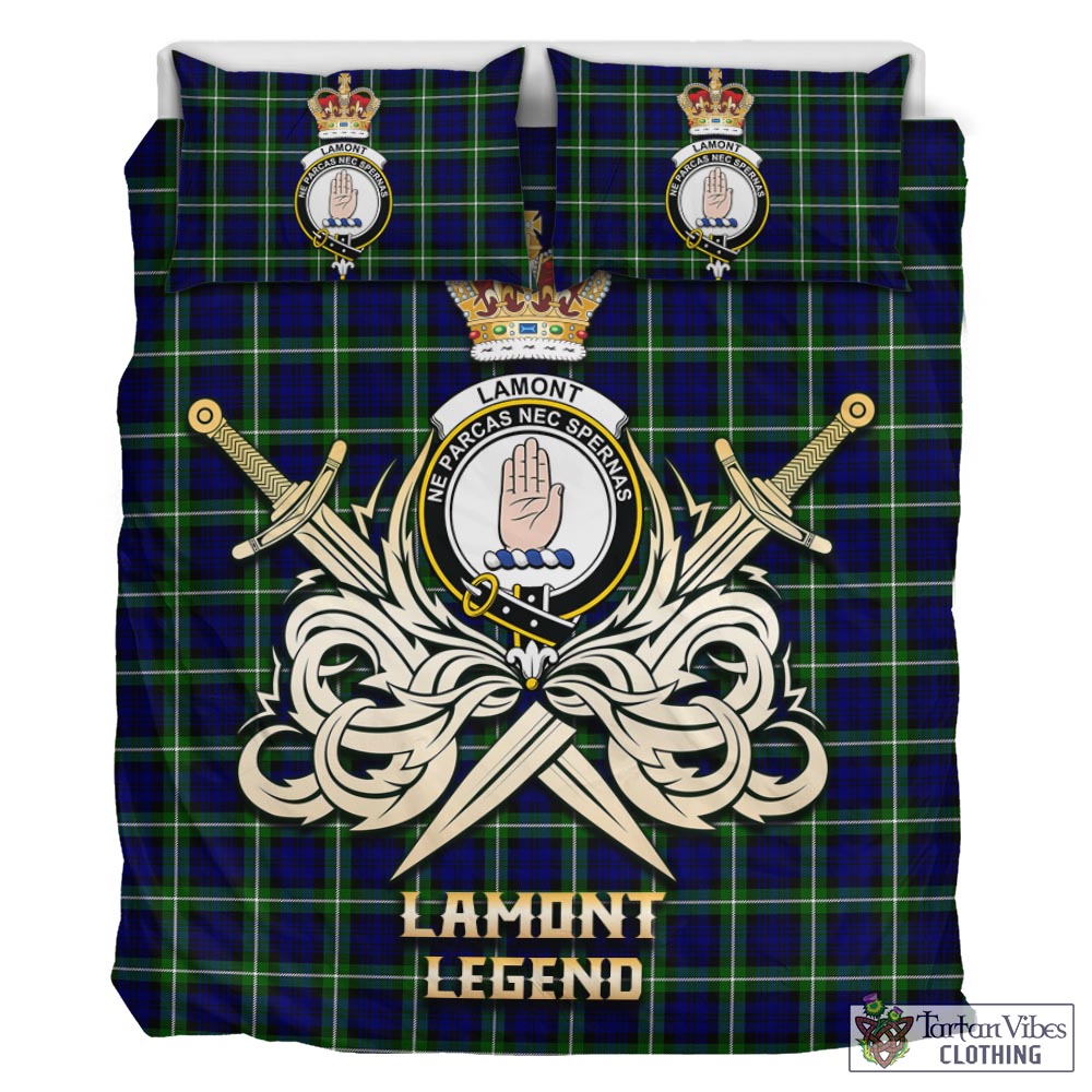 Tartan Vibes Clothing Lamont Modern Tartan Bedding Set with Clan Crest and the Golden Sword of Courageous Legacy