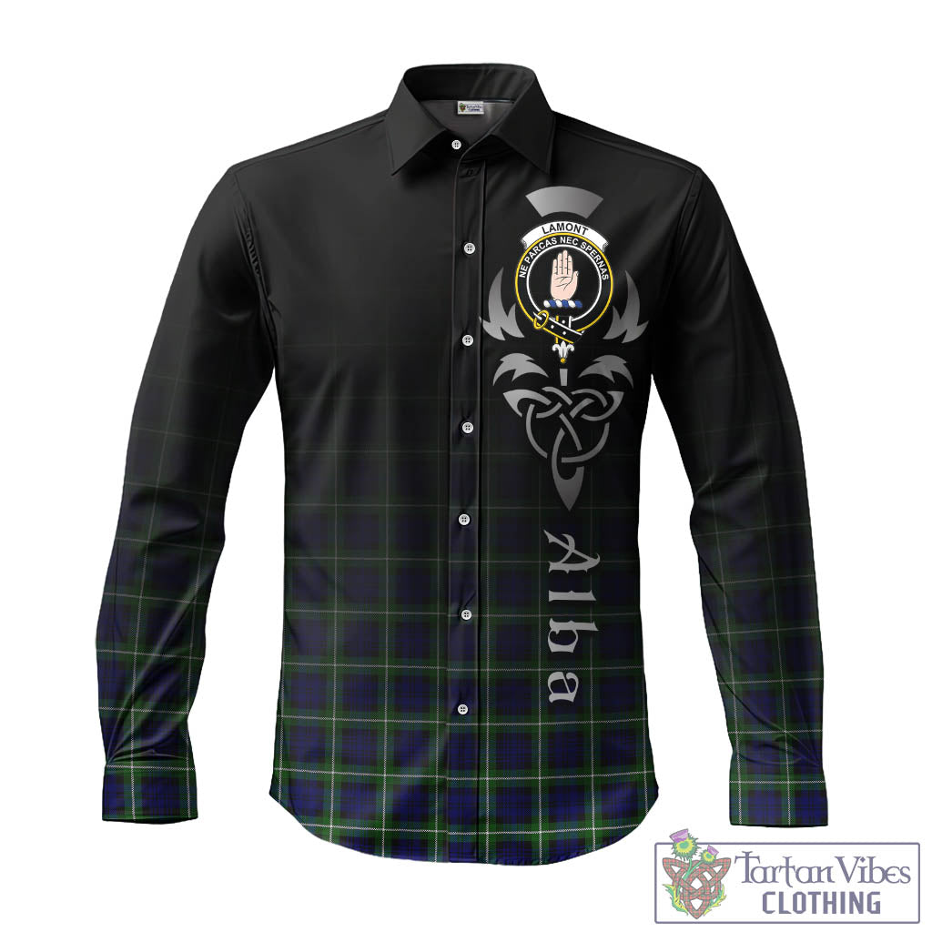 Tartan Vibes Clothing Lamont Modern Tartan Long Sleeve Button Up Featuring Alba Gu Brath Family Crest Celtic Inspired