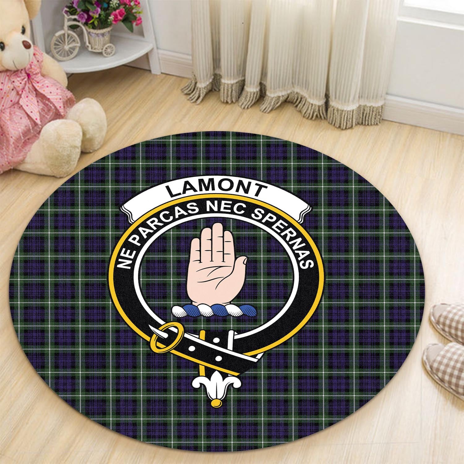 lamont-modern-tartan-round-rug-with-family-crest