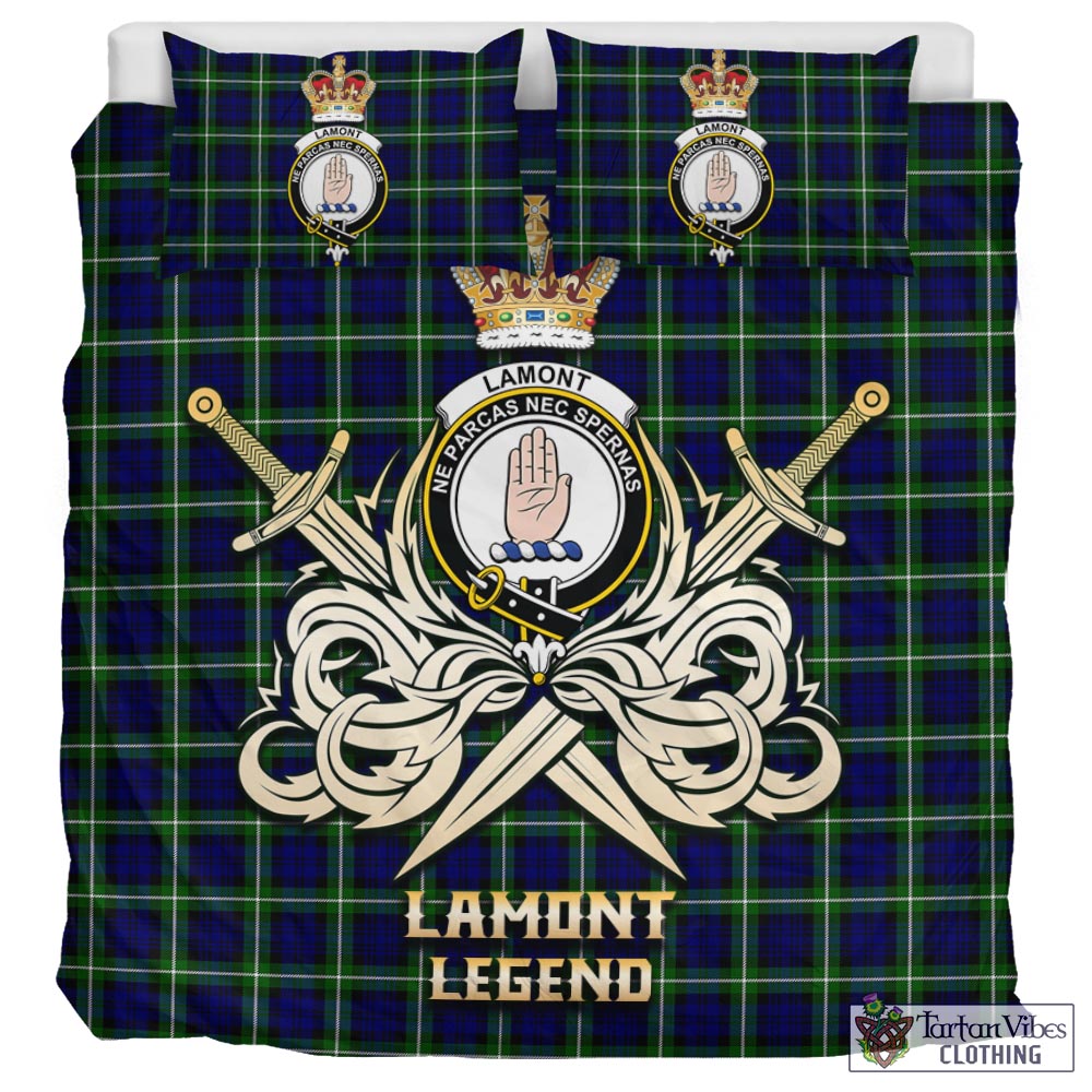 Tartan Vibes Clothing Lamont Modern Tartan Bedding Set with Clan Crest and the Golden Sword of Courageous Legacy