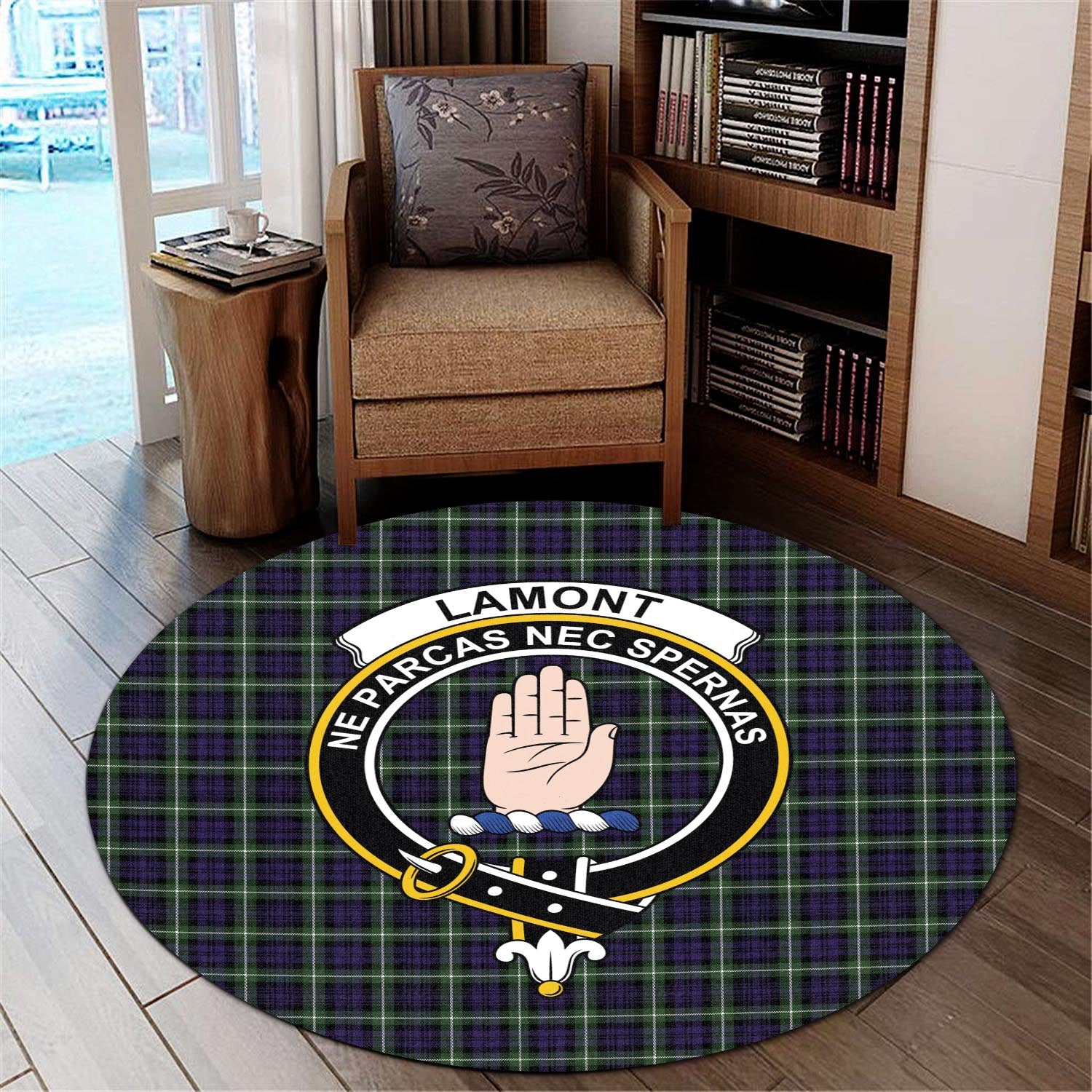 lamont-modern-tartan-round-rug-with-family-crest