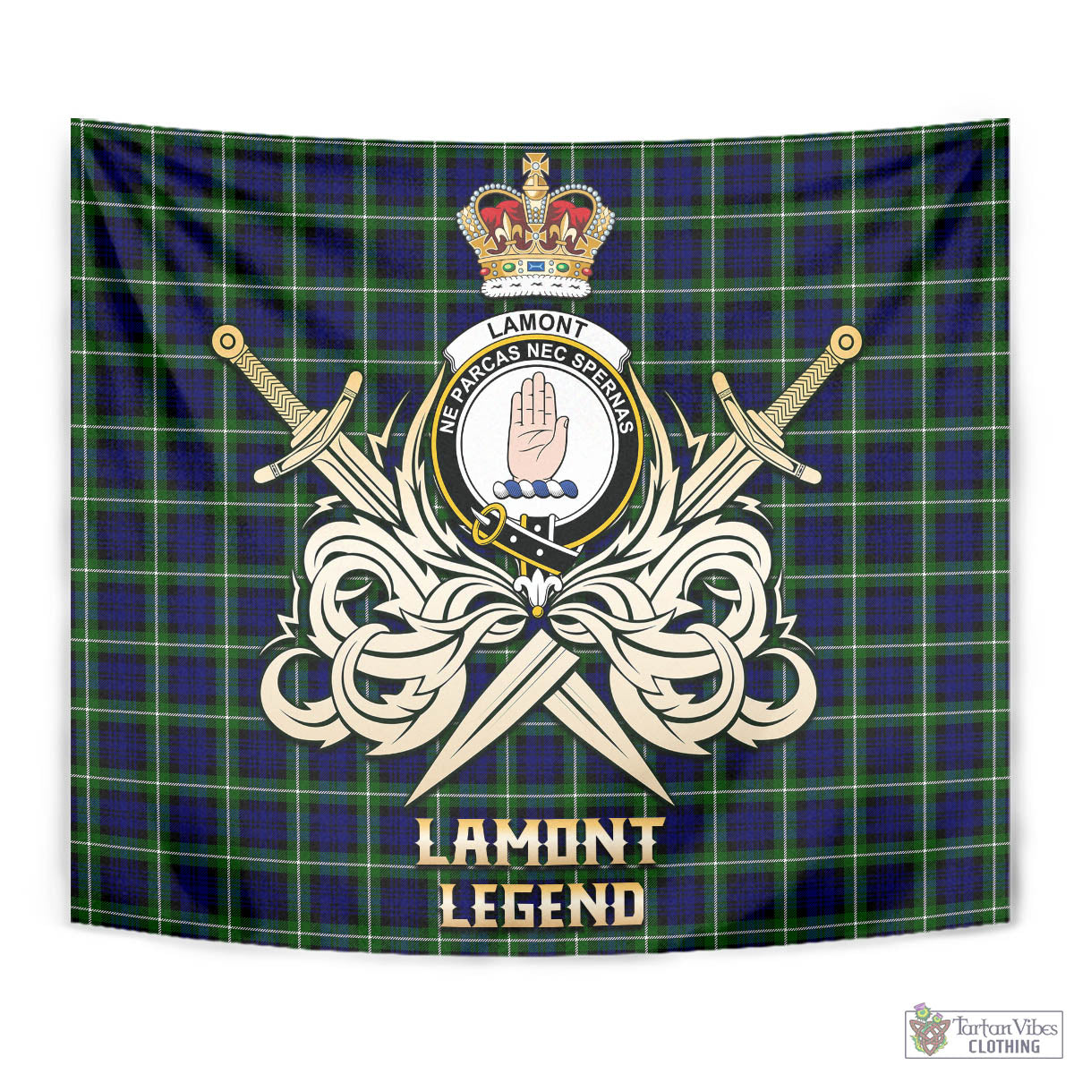 Tartan Vibes Clothing Lamont Modern Tartan Tapestry with Clan Crest and the Golden Sword of Courageous Legacy