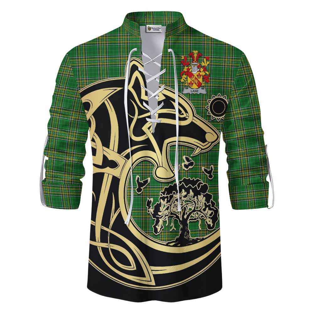 Tartan Vibes Clothing Lane Irish Tartan Ghillie Kilt Shirt with Coat of Arms Celtic Wolf Style