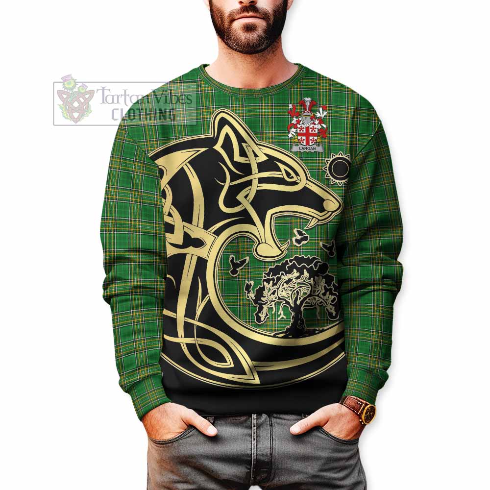 Langan Irish Tartan Sweatshirt with Coat of Arms Celtic Wolf Style - Tartan Vibes Clothing