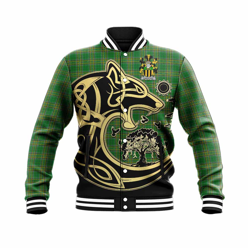 Langford Irish Tartan Baseball Jacket with Coat of Arms Celtic Wolf Style Unisex - Tartan Vibes Clothing
