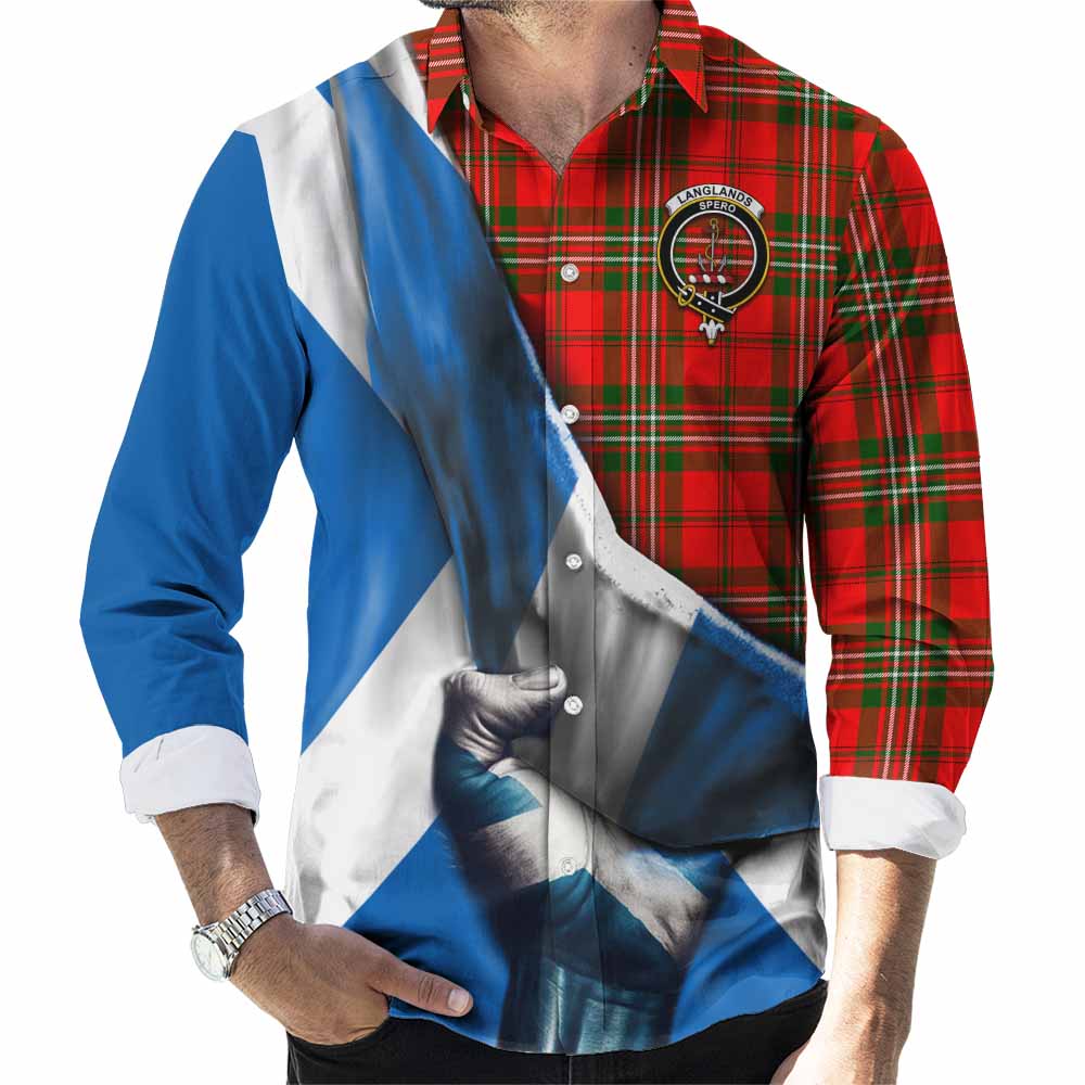 Tartan Vibes Clothing Langlands Tartan Long Sleeve Button Shirt with Family Crest Scotland Patriotic Style