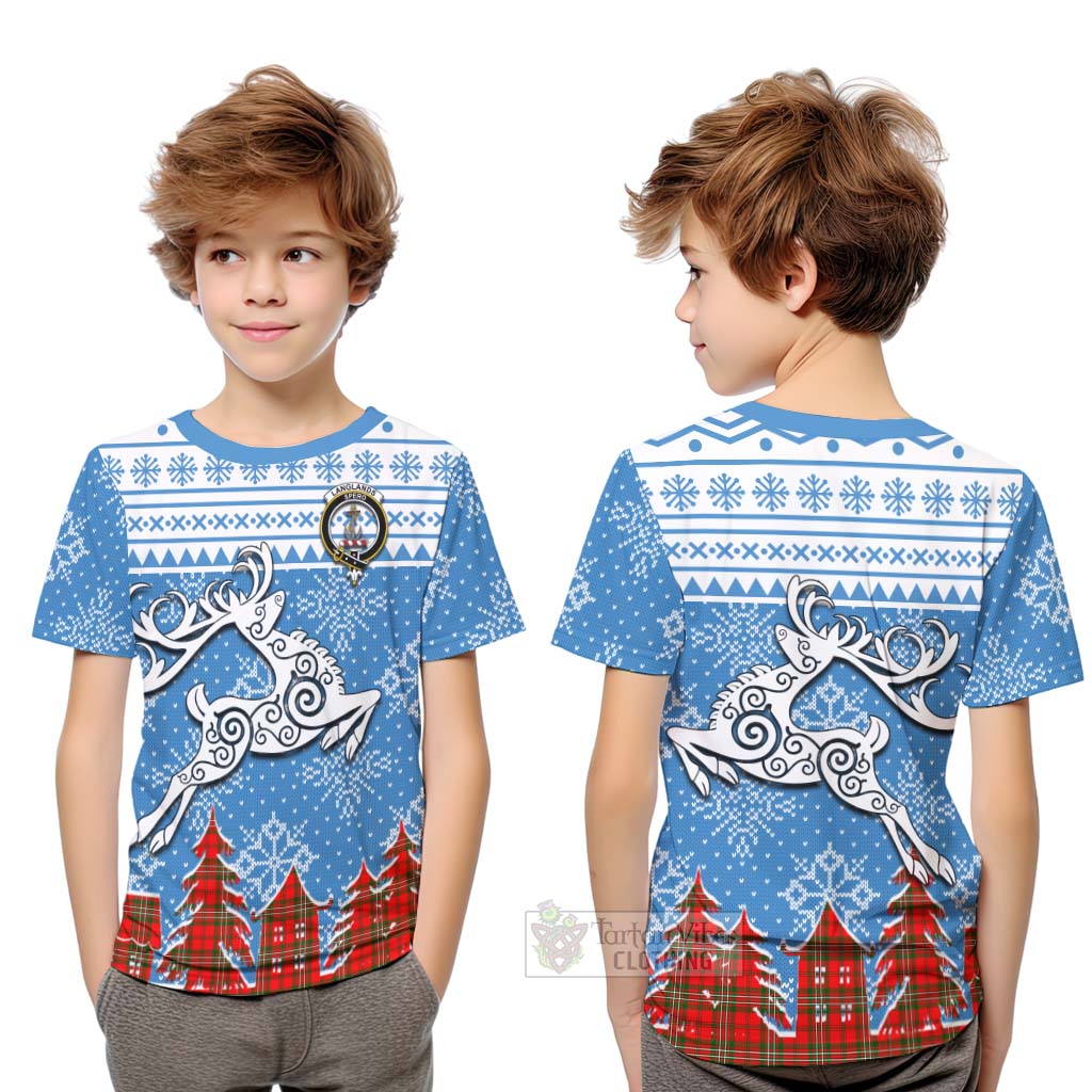 Tartan Vibes Clothing Langlands Clan Christmas Kid T-Shirt Celtic Reindeer Style