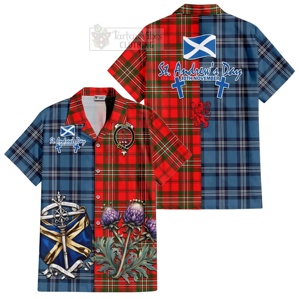 Tartan Vibes Clothing Langlands Tartan Short Sleeve Button Shirt Happy St. Andrew's Day Half Tartan Style