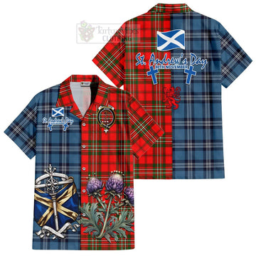 Langlands Tartan Short Sleeve Button Shirt Happy St. Andrew's Day Half Tartan Style