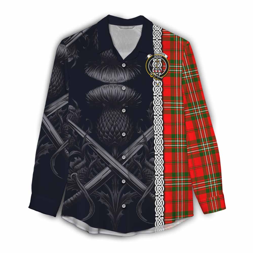 Tartan Vibes Clothing Langlands Tartan Women's Casual Shirt with Family Crest Cross Sword Thistle Celtic Vibes