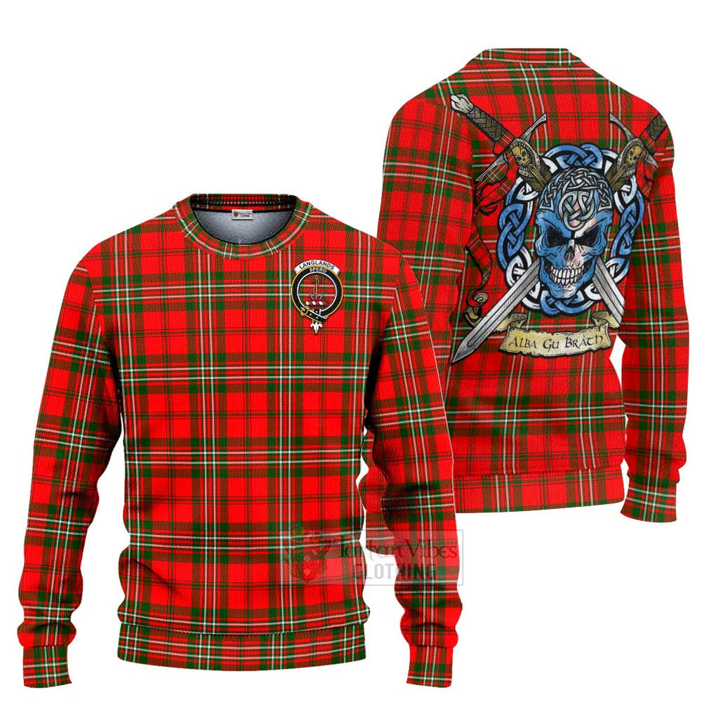 Tartan Vibes Clothing Langlands Tartan Knitted Sweater with Family Crest Celtic Skull Style