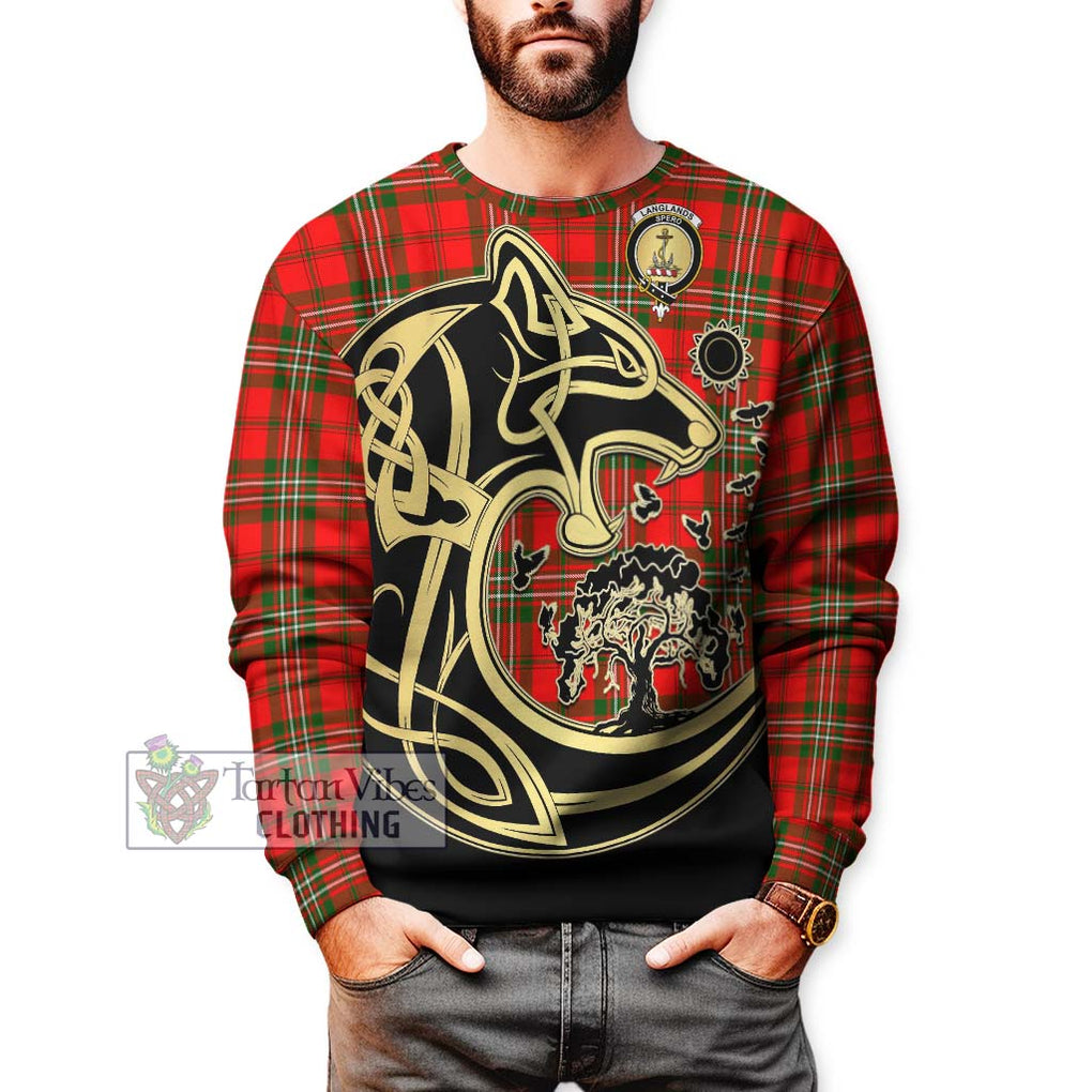 Langlands Tartan Sweatshirt with Family Crest Celtic Wolf Style Unisex - Tartan Vibes Clothing