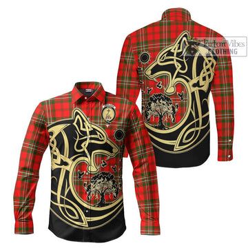 Langlands Tartan Long Sleeve Button Shirt with Family Crest Celtic Wolf Style