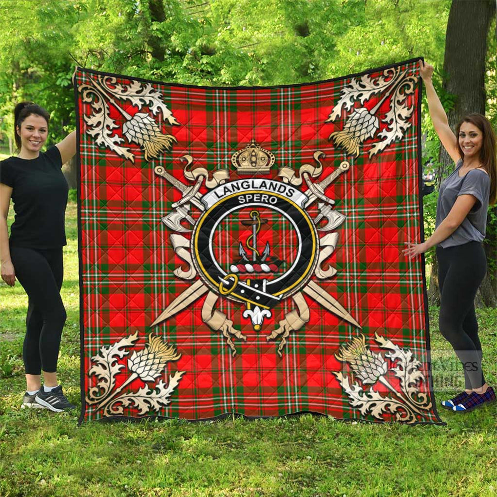 Tartan Vibes Clothing Langlands Tartan Quilt with Family Crest and Scottish Golden Courage Shield