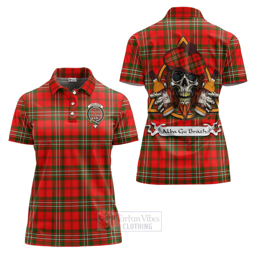 Tartan Vibes Clothing Langlands Tartan Women's Polo Shirt with Family Crest and Bearded Skull Holding Bottles of Whiskey