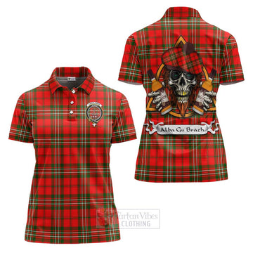 Langlands Tartan Women's Polo Shirt with Family Crest and Bearded Skull Holding Bottles of Whiskey