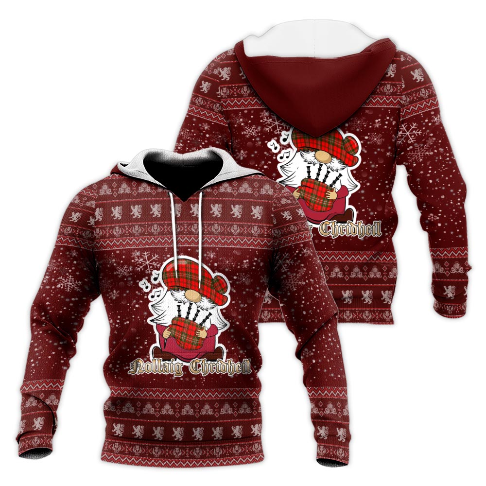 Langlands Clan Christmas Knitted Hoodie with Funny Gnome Playing Bagpipes Red - Tartanvibesclothing