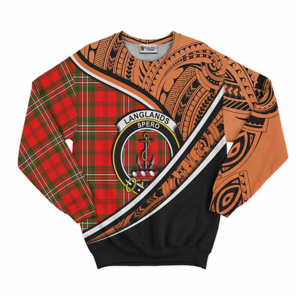 Tartan Vibes Clothing Langlands Crest Tartan Sweatshirt with Maori Tattoo Style - Orange Version