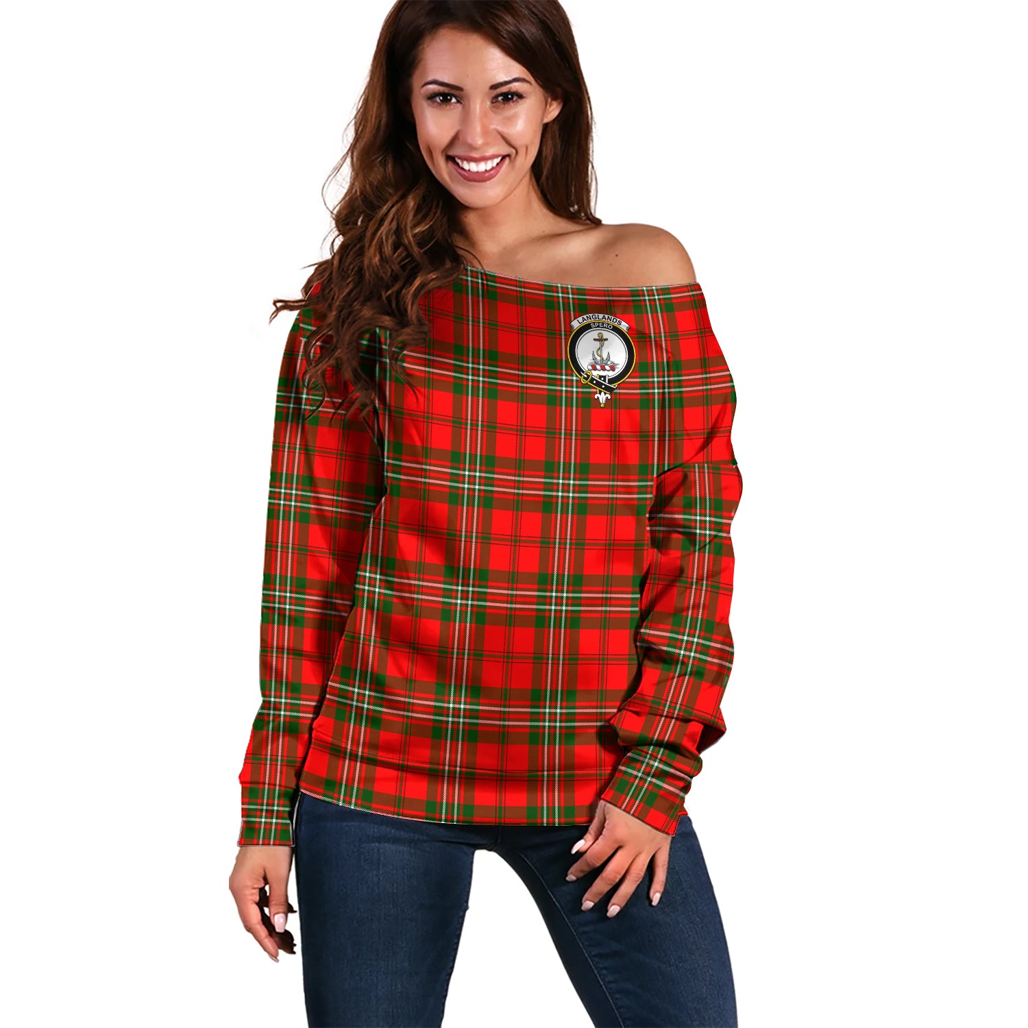 Langlands Tartan Off Shoulder Women Sweater with Family Crest Women - Tartanvibesclothing