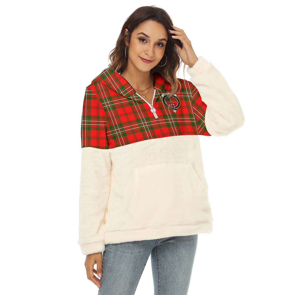 Langlands Tartan Women's Borg Fleece Hoodie With Half Zip with Family Crest Female - Tartan Vibes Clothing