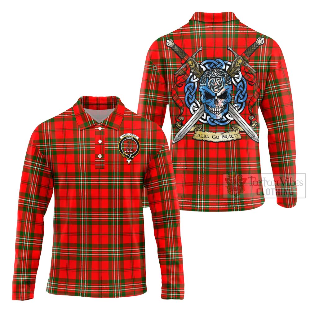 Tartan Vibes Clothing Langlands Tartan Long Sleeve Polo Shirt with Family Crest Celtic Skull Style