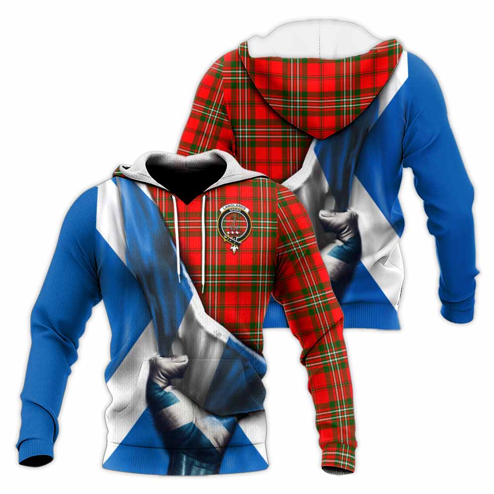 Tartan Vibes Clothing Langlands Tartan Knitted Hoodie with Family Crest Scotland Patriotic Style