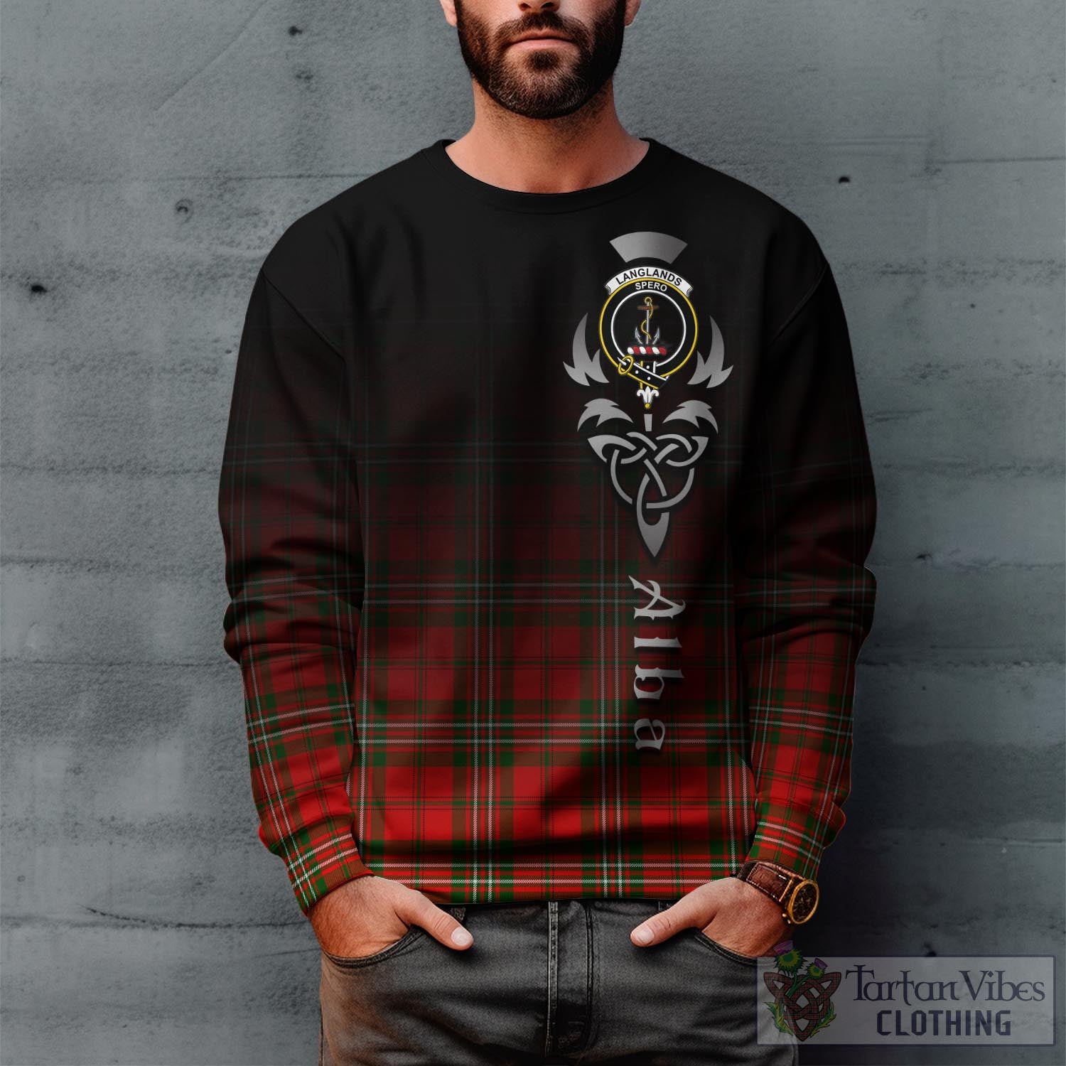 Tartan Vibes Clothing Langlands Tartan Sweatshirt Featuring Alba Gu Brath Family Crest Celtic Inspired