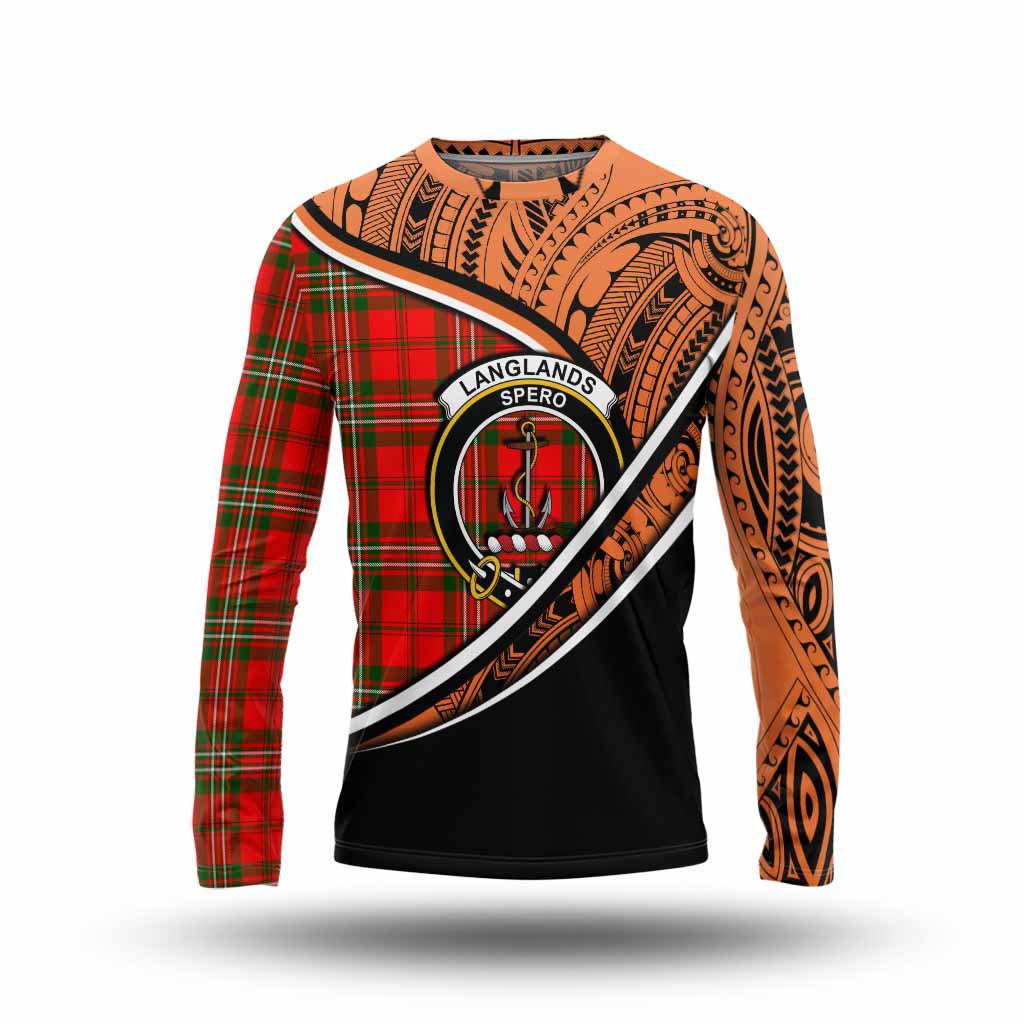 Tartan Vibes Clothing Langlands Crest Tartan Long Sleeve T-Shirt with Maori Tattoo Style - Orange Version