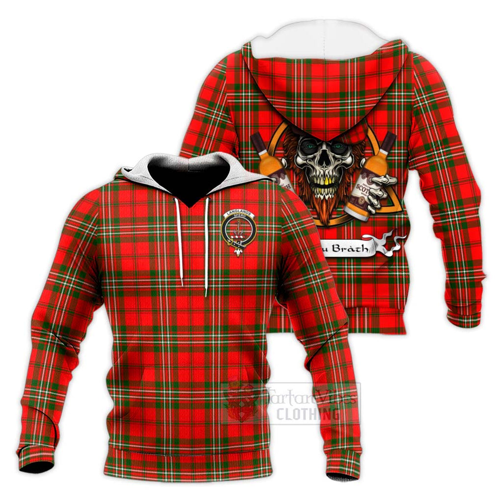 Tartan Vibes Clothing Langlands Tartan Knitted Hoodie with Family Crest and Bearded Skull Holding Bottles of Whiskey