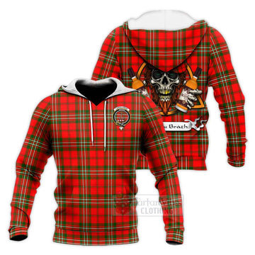 Langlands Tartan Knitted Hoodie with Family Crest and Bearded Skull Holding Bottles of Whiskey