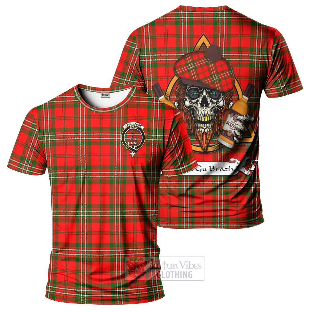 Tartan Vibes Clothing Langlands Tartan T-Shirt with Family Crest and Bearded Skull Holding Bottles of Whiskey