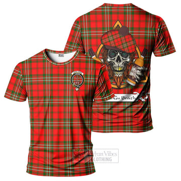 Langlands Tartan T-Shirt with Family Crest and Bearded Skull Holding Bottles of Whiskey