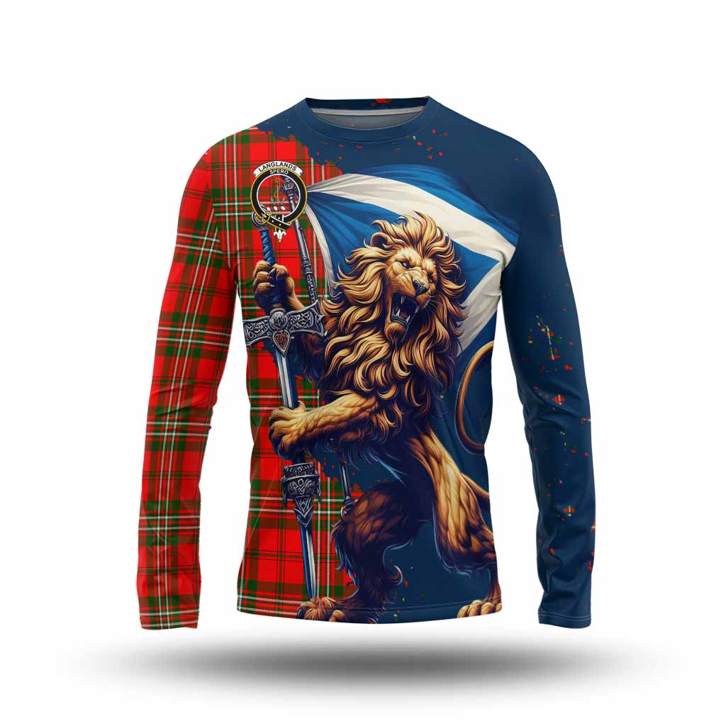 Tartan Vibes Clothing Langlands Tartan Family Crest Long Sleeve T-Shirt with Scottish Majestic Lion